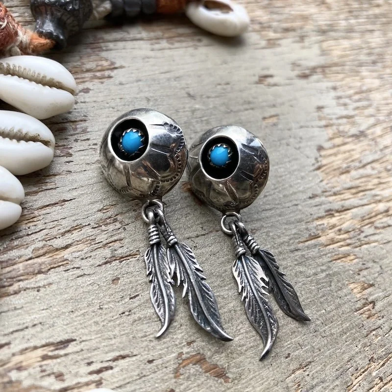 sterling silver Southwestern turquoise feather earrings .jpeg