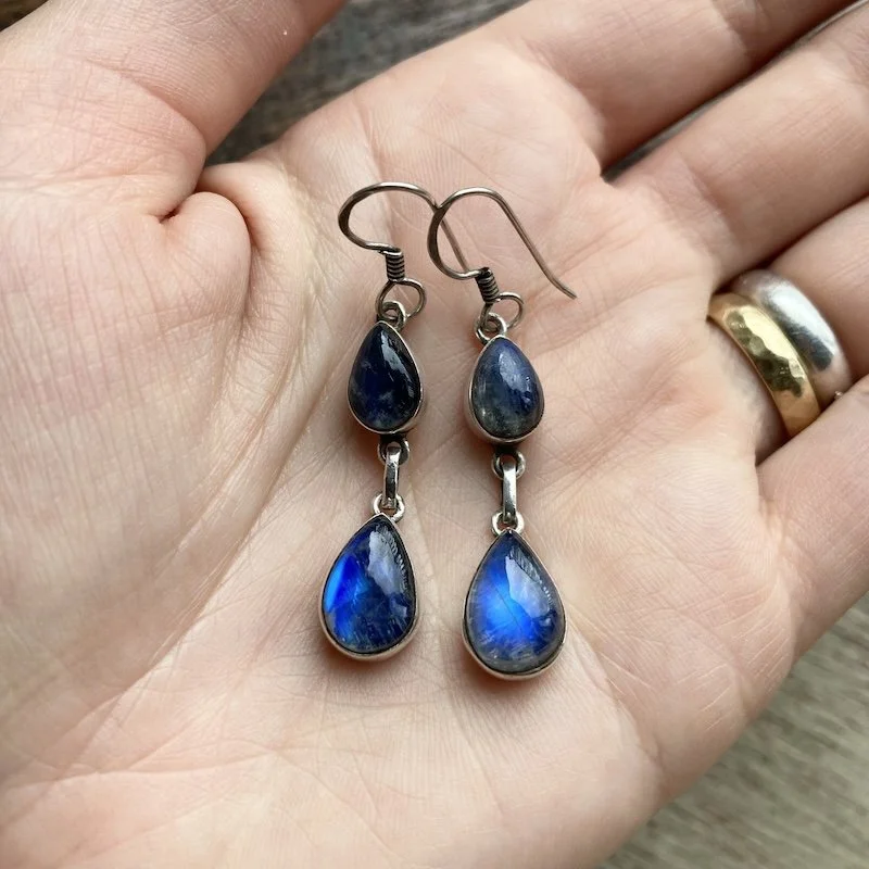Dreamy Vintage Flashy Rainbow Moonstone Dangly Earrings
