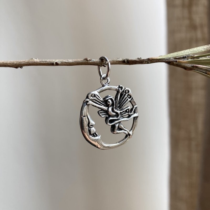 Whimsical Sterling Silver Fairy and Moon Pendant