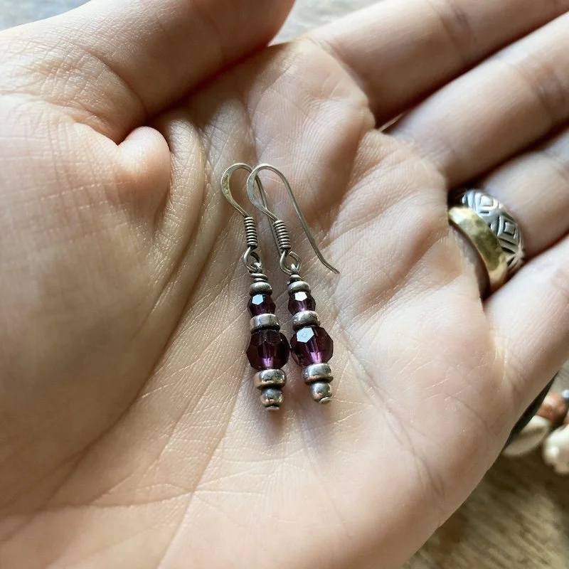 sterling silver and purple glass beaded earrings 4.jpeg