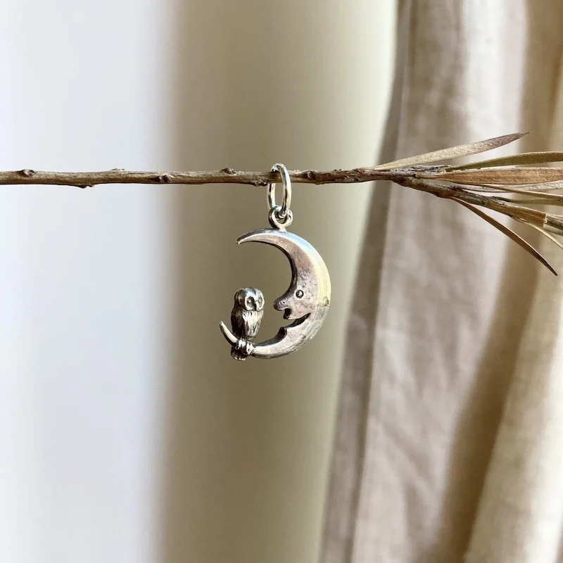 Whimsical Little Vintage Sterling Silver Owl and Moon Pendant