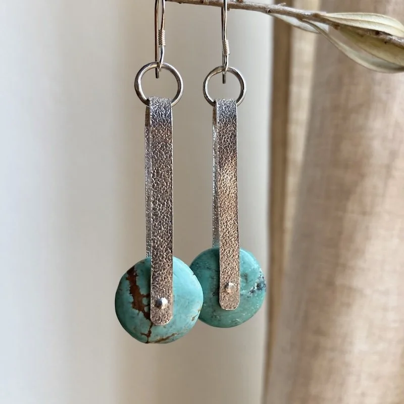 vintage sterling silver dangly turquoise disc earrings 5.jpeg