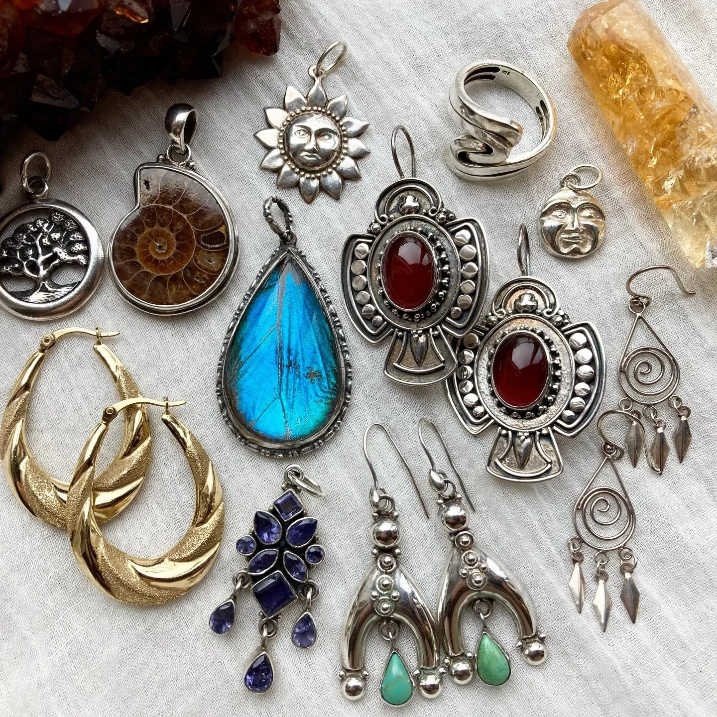 Some extra special treasures just listed 🦋✨🌿

There&rsquo;s a dreamy antique butterfly wing pendant, wonderful ammonite fossil and some absolutely stunning earrings 😍 plus a couple of little celestial treasures too 🌝 

All 925 sterling silver, in