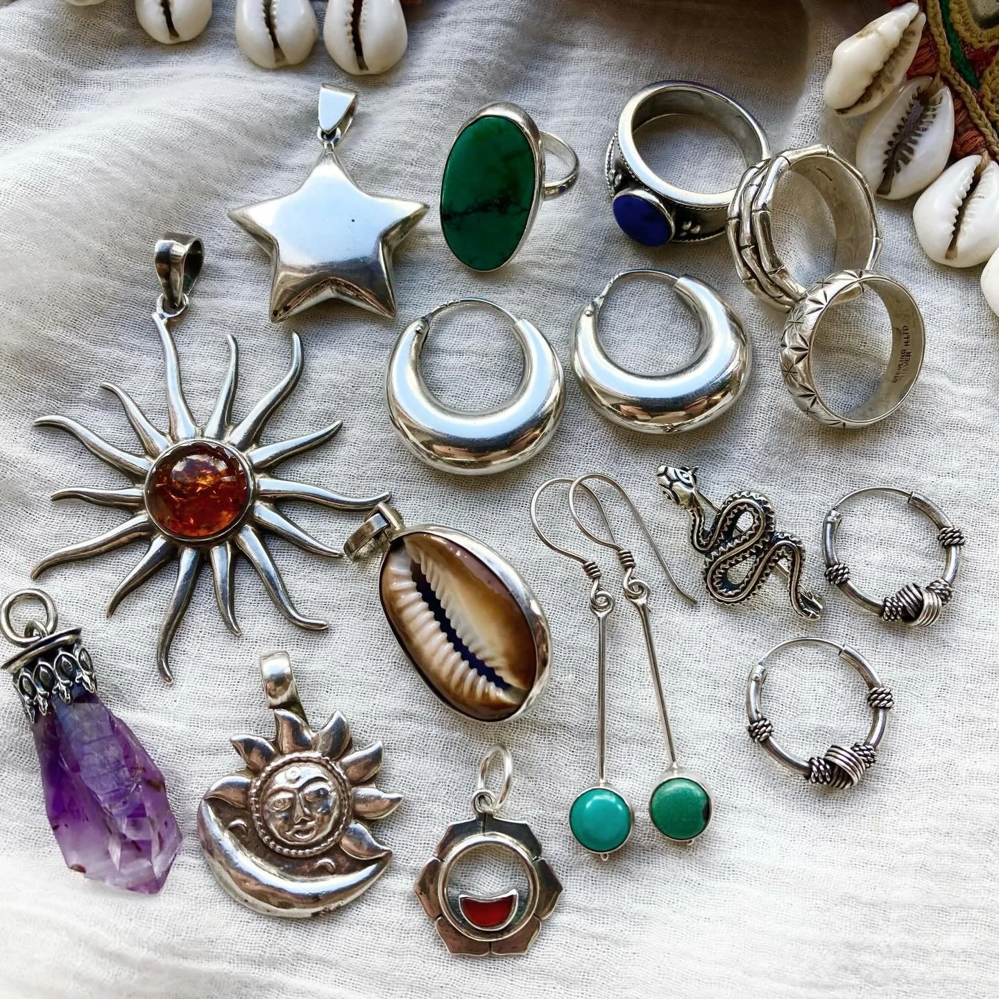 Some of my a favourites from the massive haul we just got! 🌞✨🌿

I&rsquo;m especially in love with that huge amber sun 🤩 it&rsquo;s the perfect piece for the warm sunny days ahead! 

All 925 sterling silver, individually hand-picked, and only one o