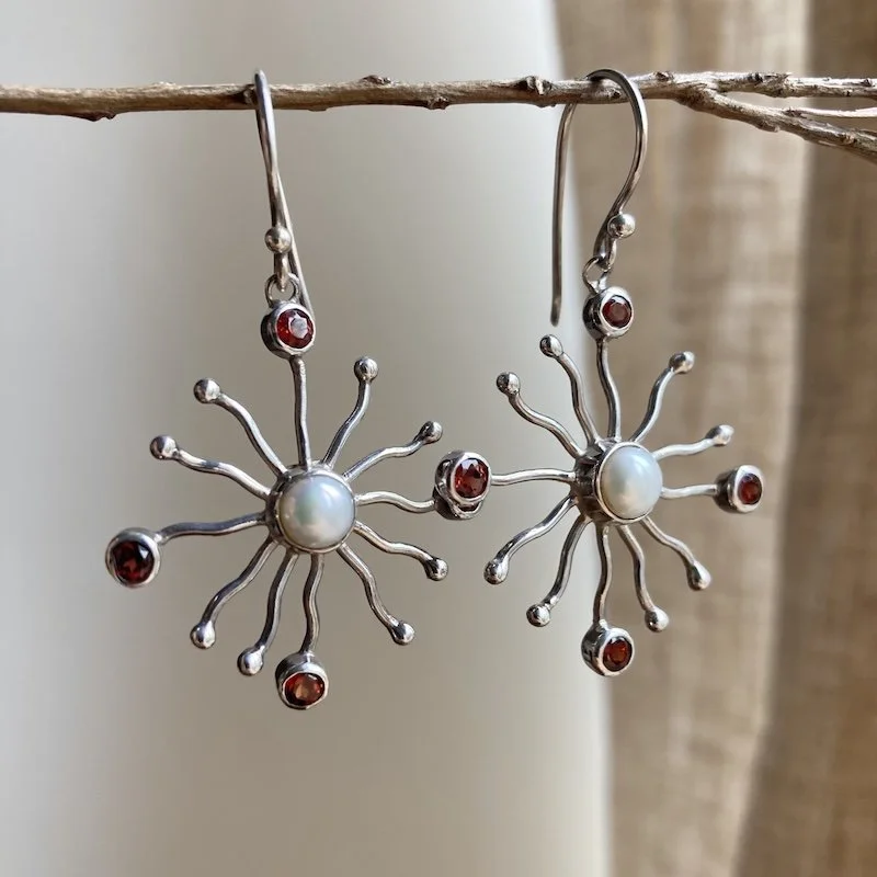 Magical Sterling Silver Pearl and Garnet Earrings