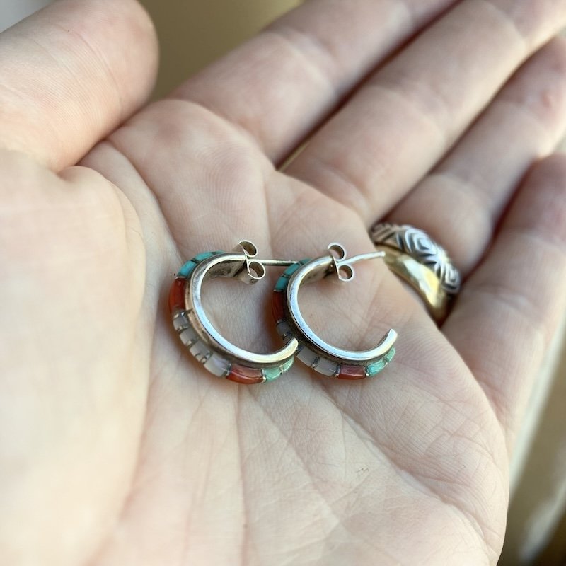 vintage Zuni sterling silver turquoise, coral and mother of pearl hoops 2.jpeg