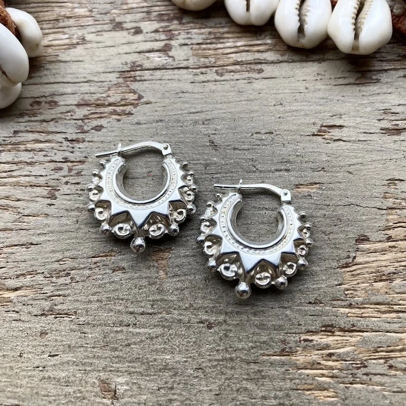 Funky Ornate Sterling Silver Creole Hoops