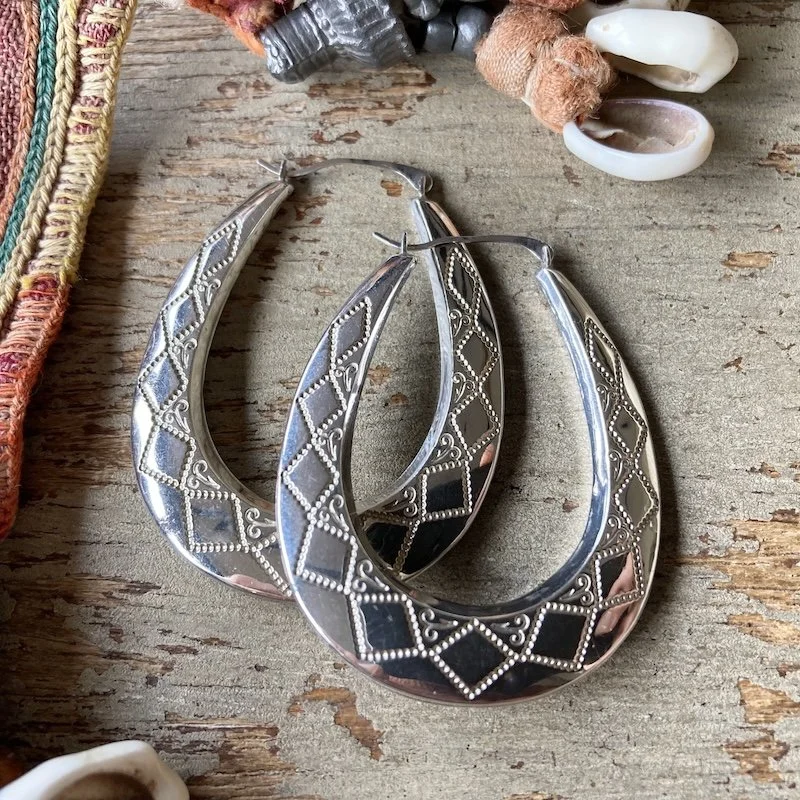 sterling silver ornately patterned Creole hoops 2.jpeg
