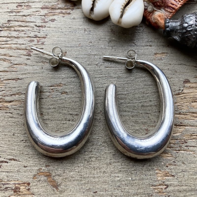 Funky Vintage Sterling Silver Oval Stud Hoops