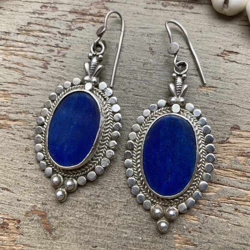 Large Vintage Ornate Sterling Silver Lapis Lazuli Earrings