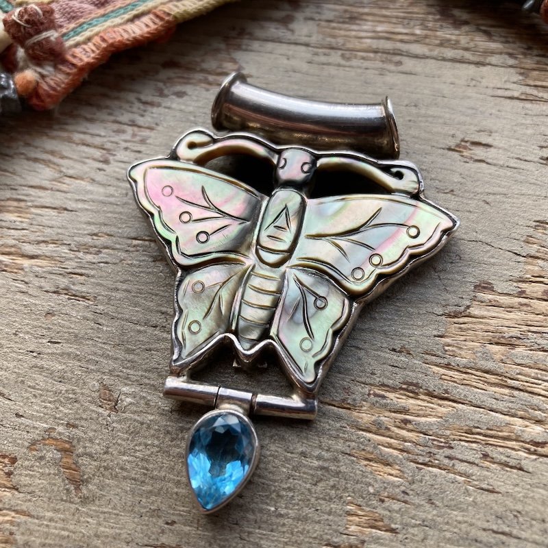 Dreamy Sterling Silver and Carved Shell Butterfly Pendant