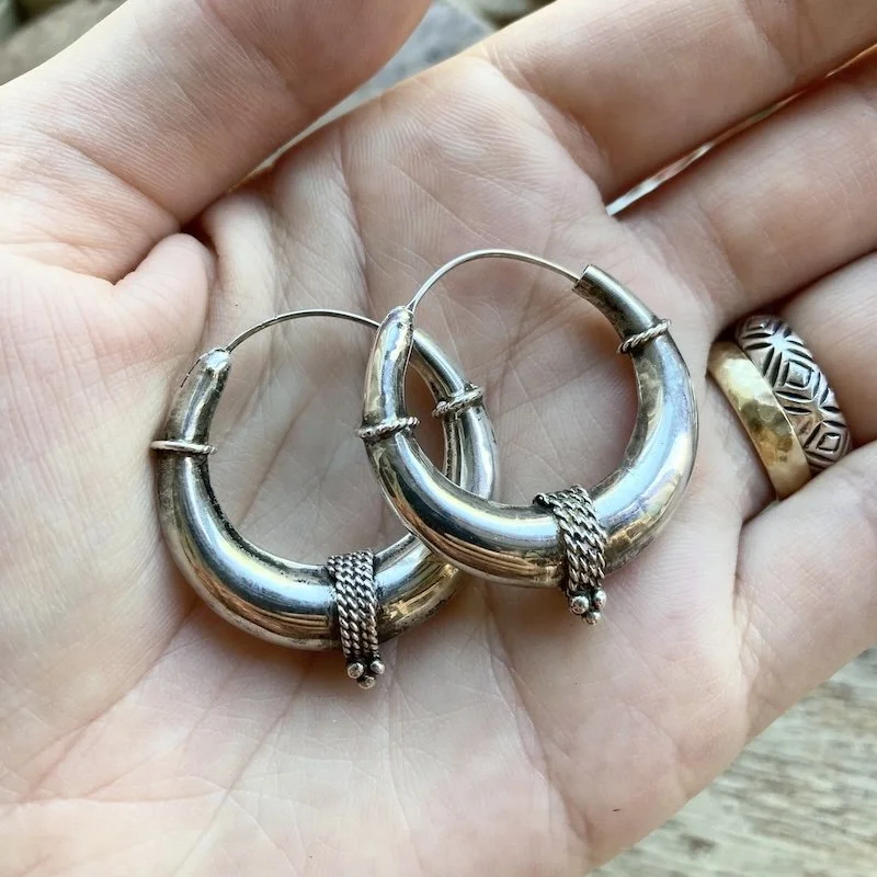 large vintage Indian sterling silver chunky ornate hoops 3.jpeg