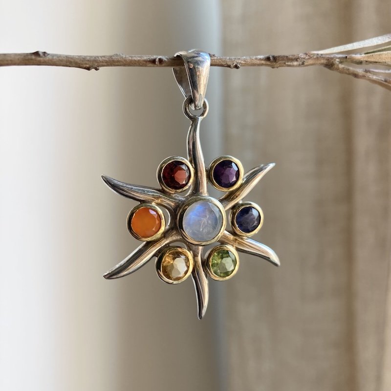 Pretty Sterling Silver Rainbow Crystal Sunburst Pendant