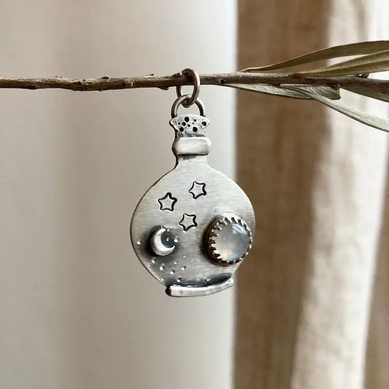 Dreamy Sterling Silver Moon and Stars Potion Bottle Pendant
