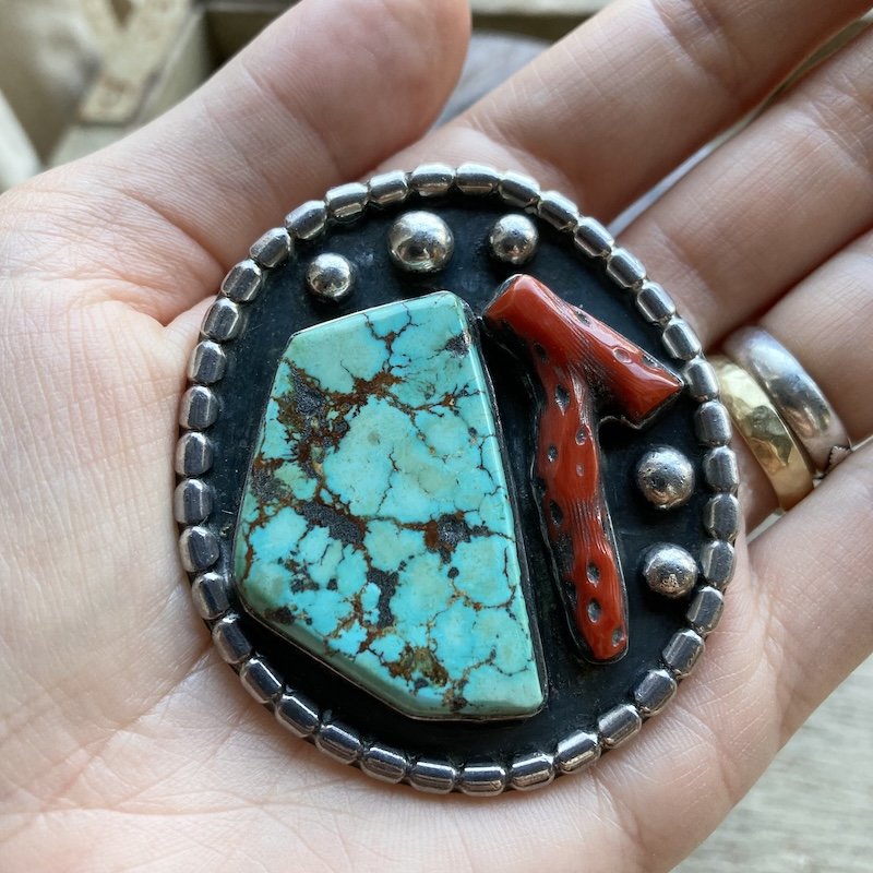 Beautiful Vintage Navajo Solid Silver, Turquoise and Red Coral Pendant