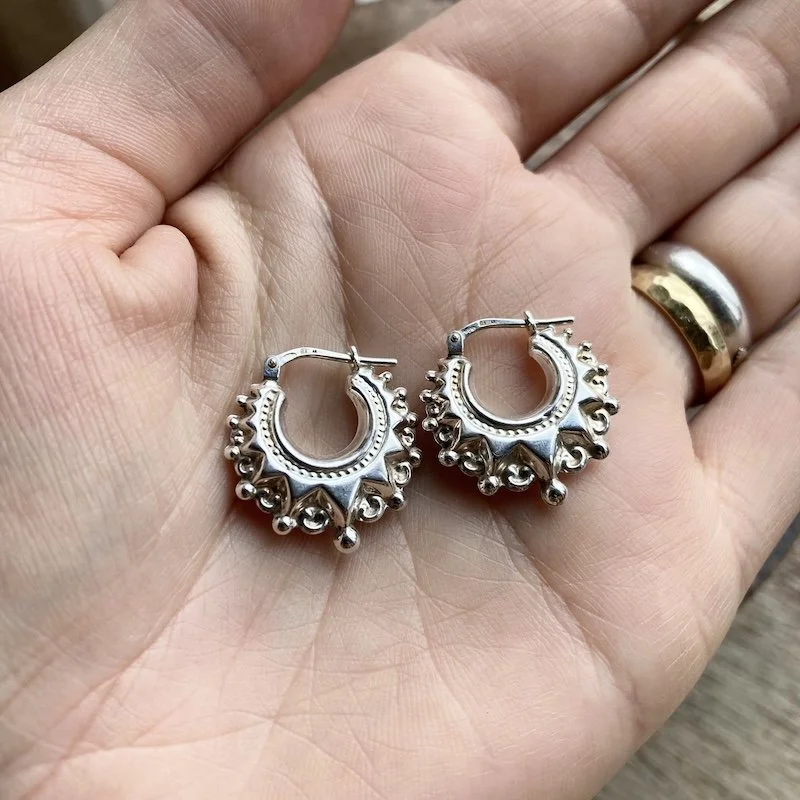 Funky Ornate Sterling Silver Creole Hoops