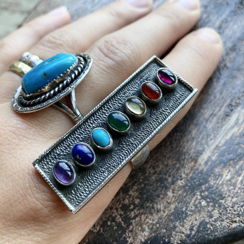 Incredible Vintage Solid Silver Rainbow Crystal Chakra Ring