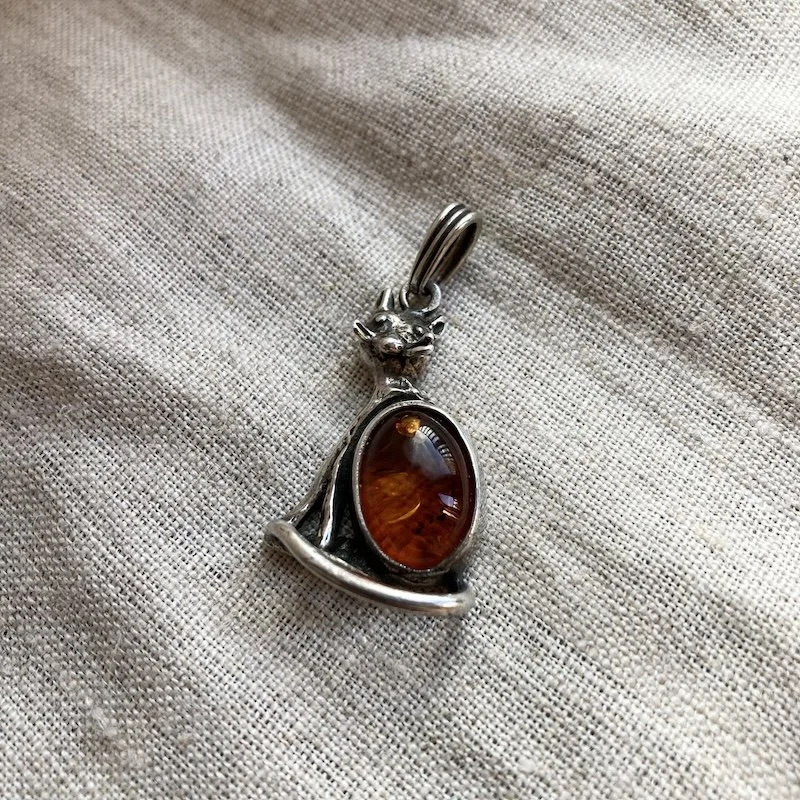 Amazing Vintage Sterling Silver and Amber Cat Pendant