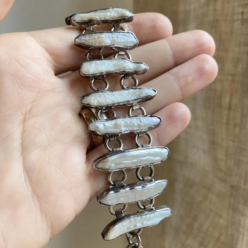 Stunning Heavy Sterling Silver and Biwa Pearl Bracelet