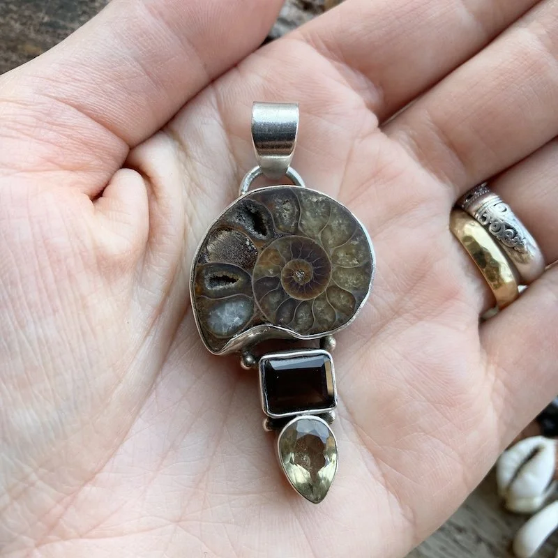 sterling silver ammonite fossil and crystal pendant 4.jpeg