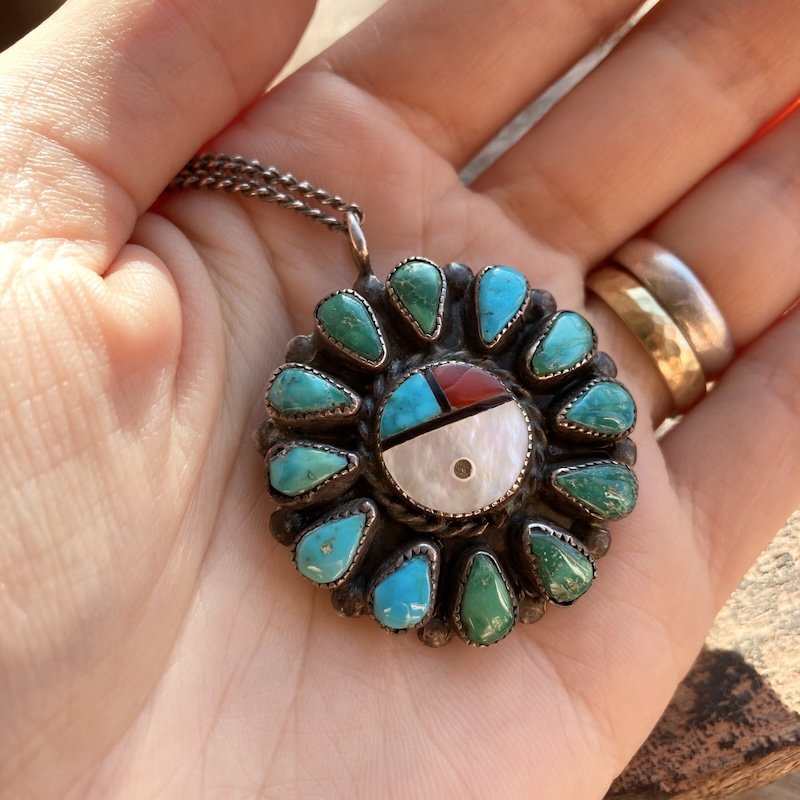 Vintage Sterling Silver Zuni Sun Chief Necklace