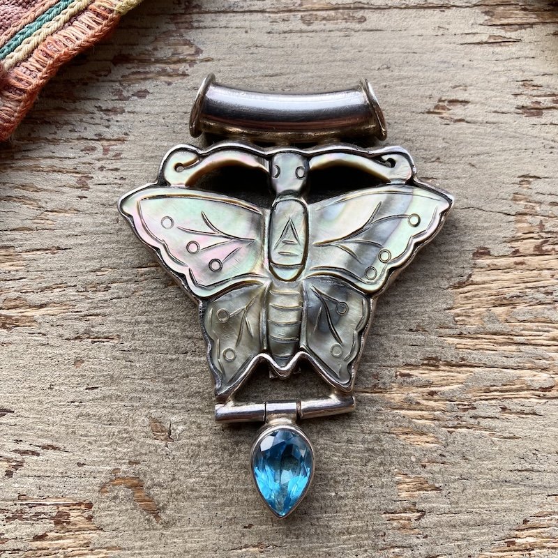 Dreamy Sterling Silver and Carved Shell Butterfly Pendant