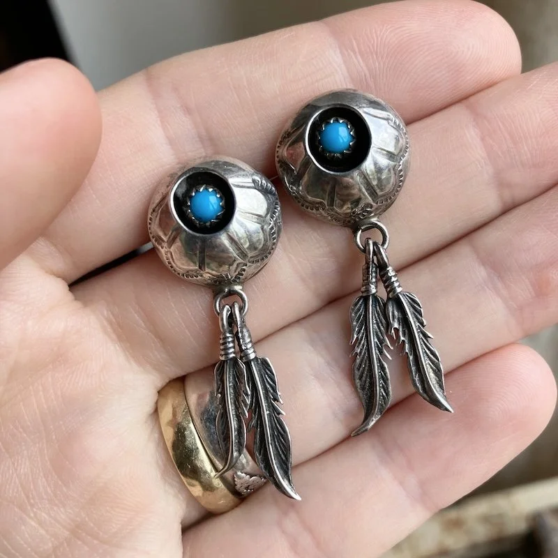 sterling silver Southwestern turquoise feather earrings 3.jpeg