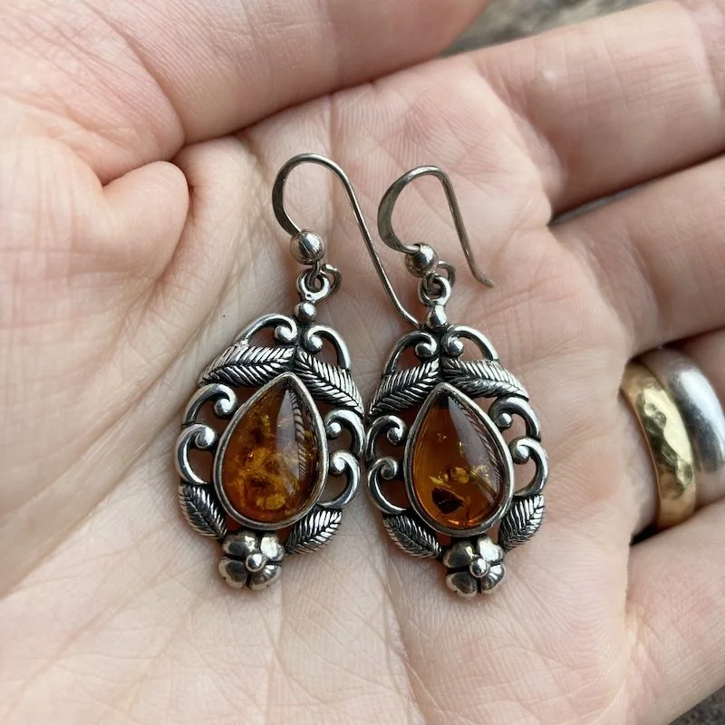 ornate vintage sterling silver and amber earrings 4.jpeg