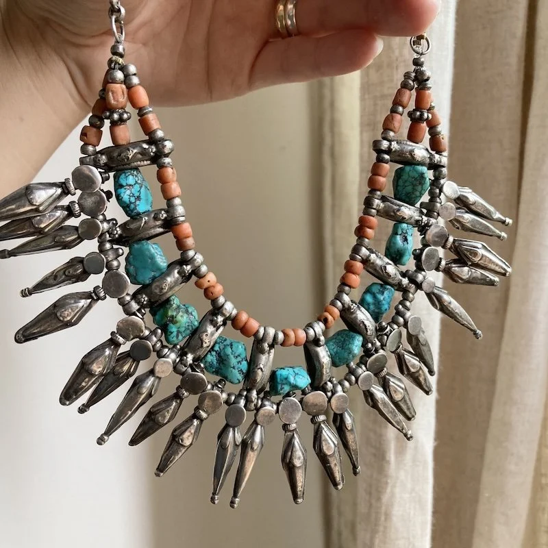Incredible Vintage Tibetan Sterling Silver, Turquoise and Red Coral Necklace