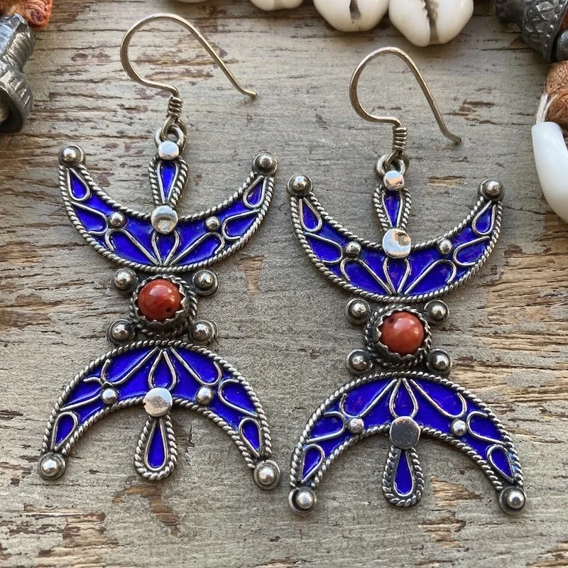 vintage sterling silver blue enamel and red coral earrings 1.jpeg