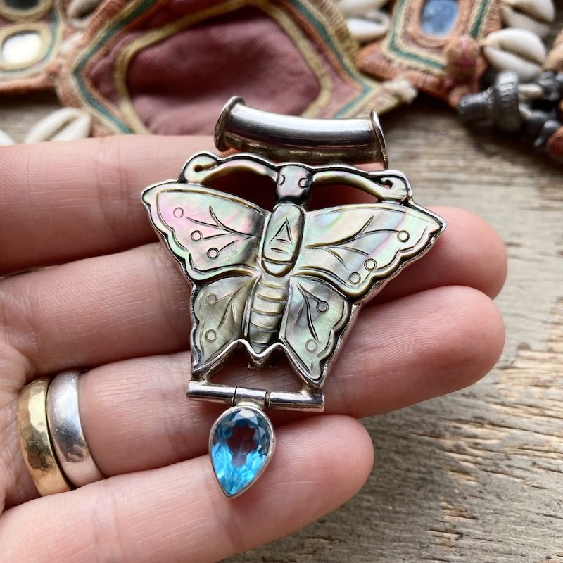 Dreamy Sterling Silver and Carved Shell Butterfly Pendant