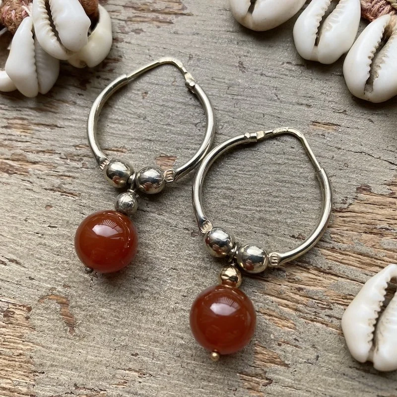 Fab Vintage Sterling Silver Hoops with Carnelian Beads
