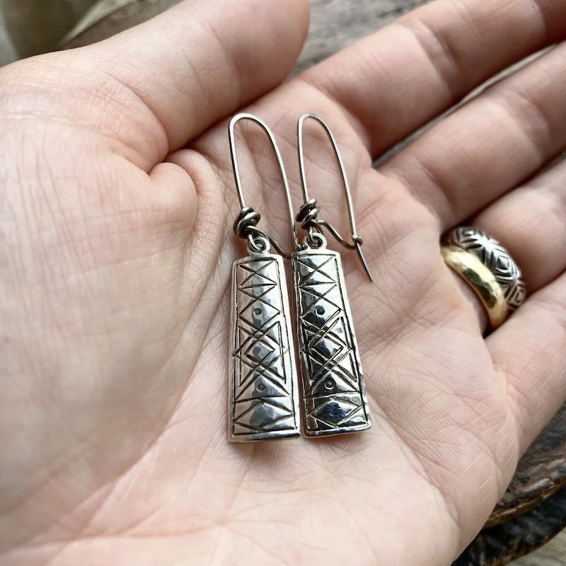 Funky Vintage Engraved Solid Silver Dangly Earrings