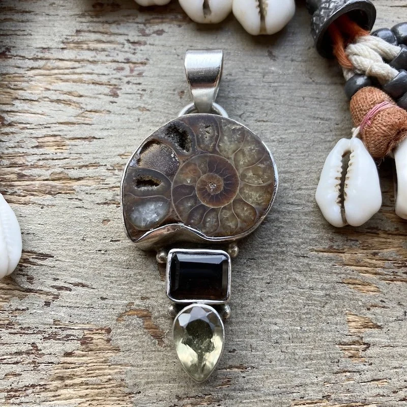 sterling silver ammonite fossil and crystal pendant 1.jpeg