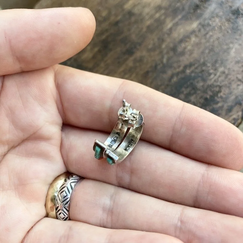 vintage Zuni sterling silver turquoise, coral and mother of pearl hoops 4.jpeg