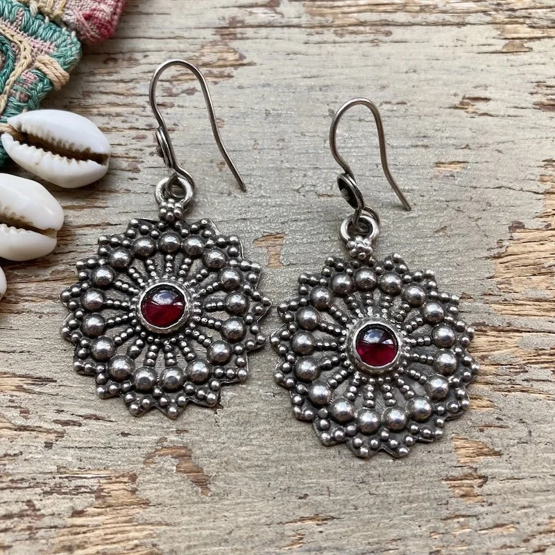 vintage Indian ornate sterling silver and garnet earrings 1.jpeg