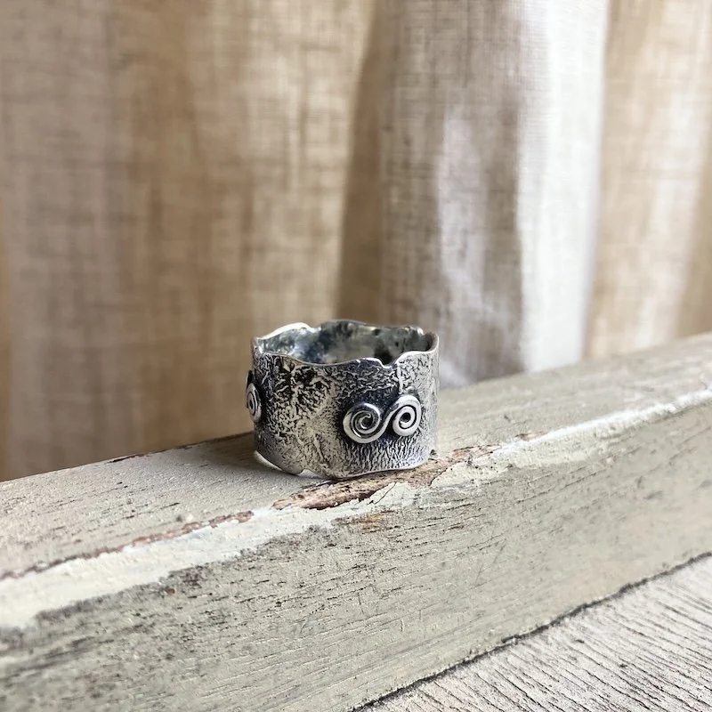 earthy textured solid silver swirly spiral ring 1.jpeg