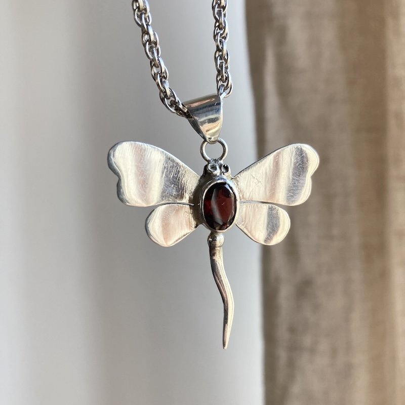 Dreamy Sterling Silver Garnet Dragonfly Necklace