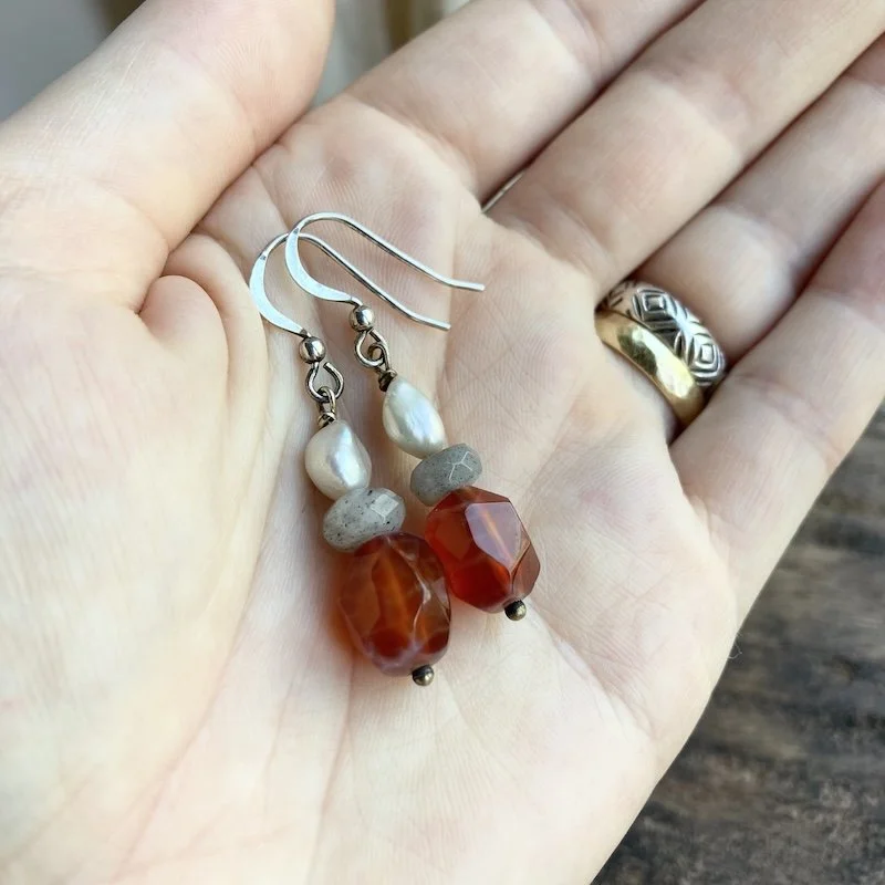 carnelian and pearl dangly earrings 4.jpeg