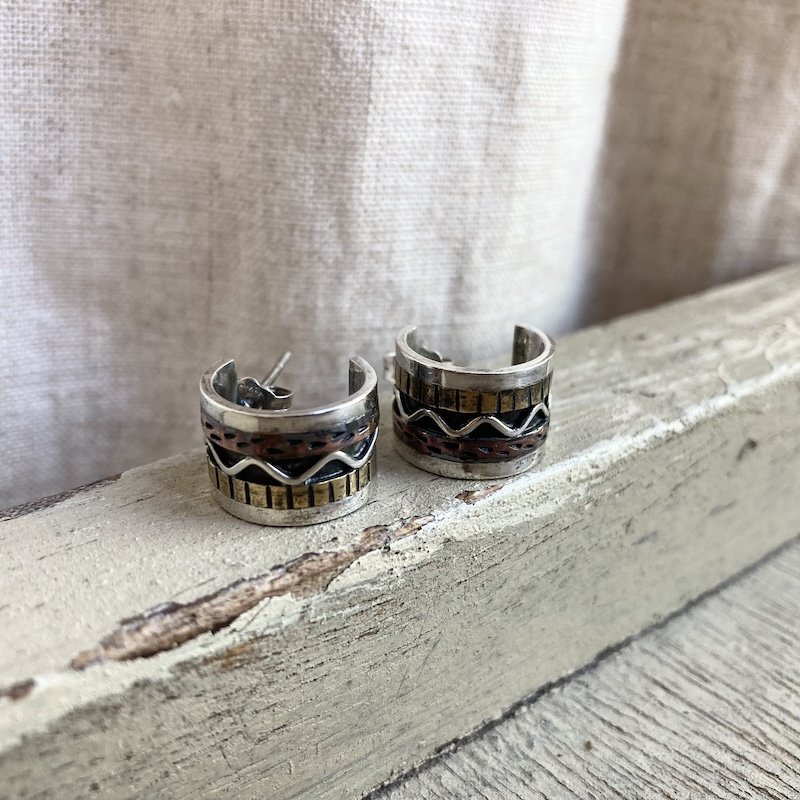 vintage Southwestern sterling silver, brass and copper hoops 1.jpeg