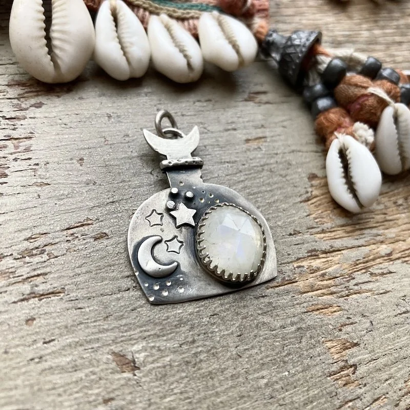 Celestial Sterling Silver Potion Bottle Pendant With Rainbow Moonstone