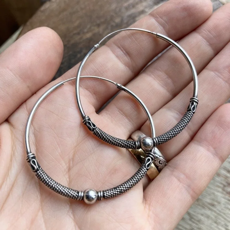 Large Sterling Silver Balinese Hoops