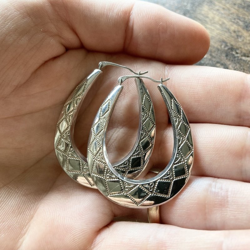 sterling silver ornately patterned Creole hoops 3.jpeg