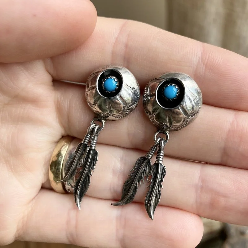 sterling silver Southwestern turquoise feather earrings 4.jpeg