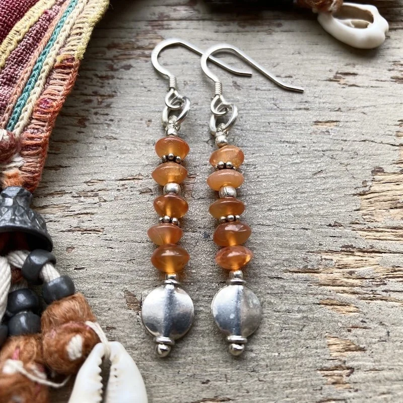 Lovely Beaded Sterling Silver and Carnelian Dangly Earrings