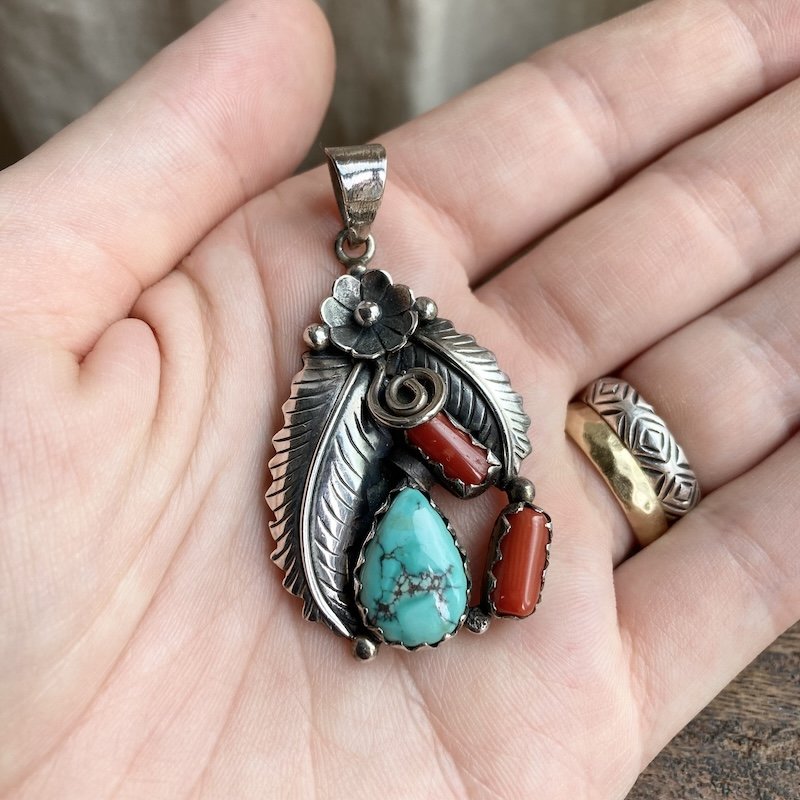 vintage Navajo sterling silver turquoise and coral pendant 3.jpeg