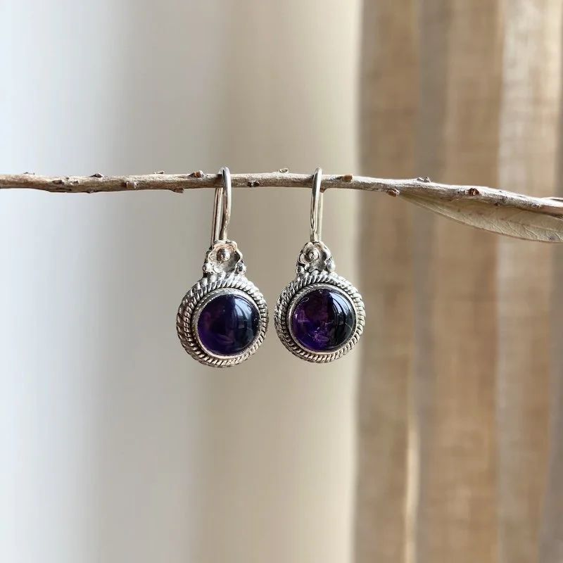 Pretty Ornate Sterling Silver and Amethyst Cabochon Earrings