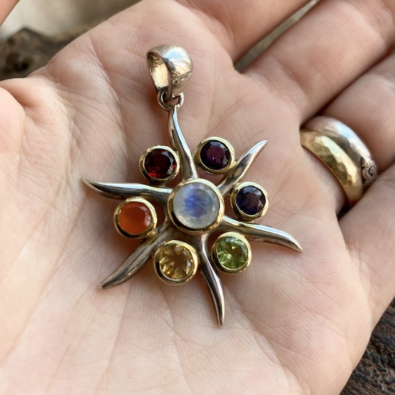 Pretty Sterling Silver Rainbow Crystal Sunburst Pendant