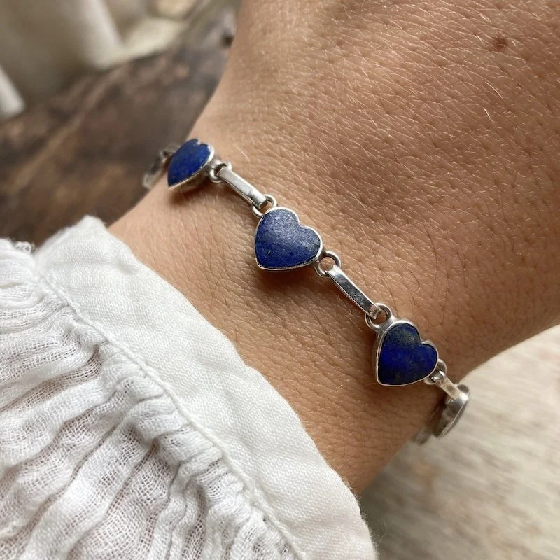 Cute Vintage Sterling Silver Lapis Lazuli Love Heart Bracelet