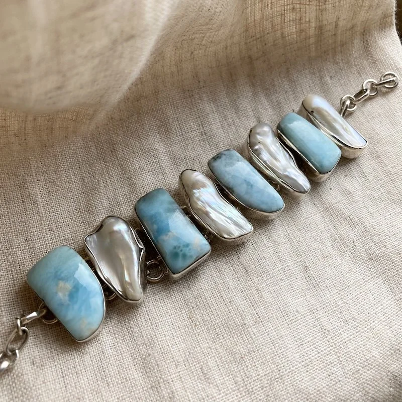 Beautiful Sterling Silver, Larimar and Biwa Pearl Bracelet